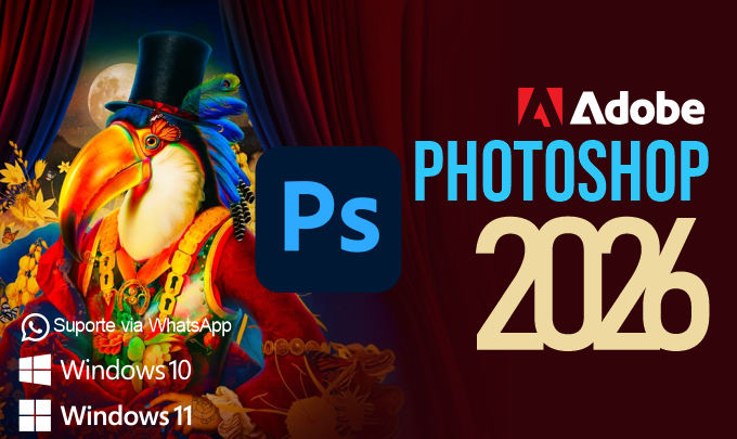 Garanta o Adobe Photoshop 2026 com licença vitalícia e crie sem mensalidades. Ideal para designers, ilustradores e profissionais de marketing que buscam a melhor ferramenta de design vetorial.